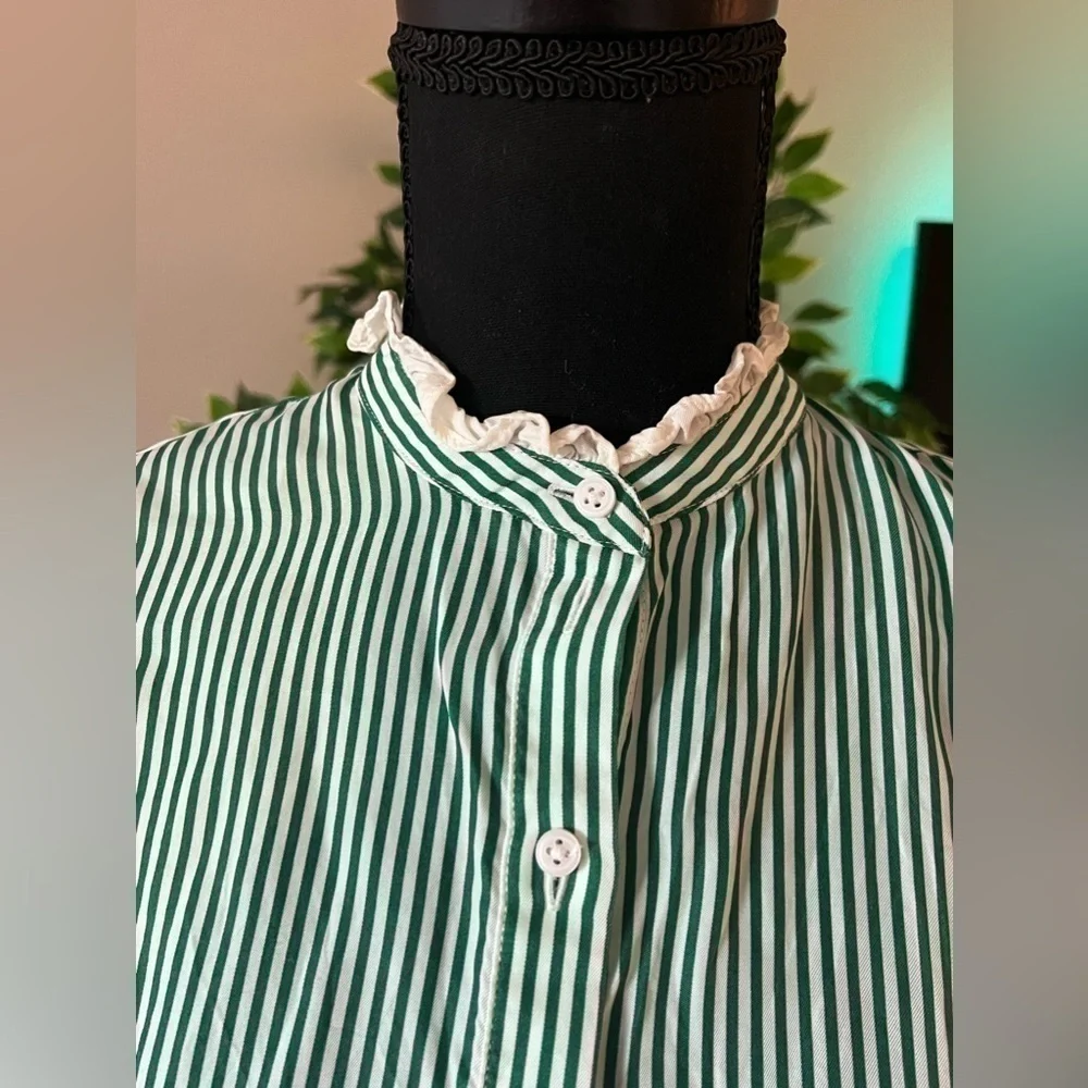 J.Crew Drapey Cupro Blend Ruffle Trim Striped Shirt White/Green size M